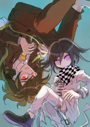 2boys black_hair blue_background brown_hair brown_jacket brown_pants bug_cage checkered_clothes checkered_scarf danganronpa_(series) danganronpa_v3:_killing_harmony fingernails gokuhara_gonta hair_between_eyes highres jacket kumakoro_(tetsupag) long_sleeves looking_at_viewer male_focus multiple_boys necktie oma_kokichi open_mouth pants pink_eyes rotational_symmetry scarf shirt short_hair tears upside-down white_shirt yellow_necktie