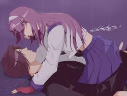 asamiya_athena brown_hair charlyarts fingerless_gloves gloves kusanagi_kyou on_top_partner psycho_soldier purple_hair rain school_uniform skirt snk staring_at_person the_king_of_fighters the_king_of_fighters_xiii