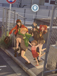 Rule 34 | 5girls, :d, ^ ^, amagi yukiko, backpack, bag, bike shorts under skirt, black hair, blush, brown hair, chain-link fence, closed eyes, doujima nanako, embarrassed, fence, full body, google maps, google street view, green jacket, hairband, high school girls posing for google street view (meme), highres, jacket, kujikawa rise, kurosususu, long hair, meme, multiple girls, open mouth, outdoors, overhead line, pantyhose, persona, persona 4, photo-referenced, photo background, raised curb, road sign, satonaka chie, school uniform, serafuku, shirogane naoto, short hair, sidewalk, sign, smile, standing, standing on one leg, tactile paving, twintails, yasogami school uniform