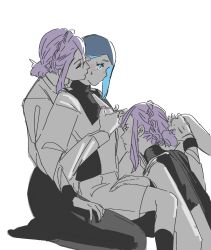 3girls asticassia_school_uniform blue_eyes blue_hair blush braid clone closed_mouth commentary_request crown_braid dual_persona girl_sandwich grabbing_another&#039;s_breast grabbing_from_behind greyscale groping gundam gundam_suisei_no_majo hand_on_another&#039;s_thigh highres korean_commentary long_sleeves looking_at_another monochrome multiple_girls nika_nanaura pa_ttt parted_lips purple_hair sabina_fardin sandwiched school_uniform short_hair shorts sitting sitting_on_lap sitting_on_person spot_color spread_legs sweatdrop white_background yellow_eyes yuri