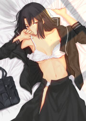 Rule 34 | 1girl, bag, bare shoulders, bed sheet, black hair, blush, bra, breasts, brown eyes, closed mouth, collarbone, dress, hair between eyes, hand on own face, highres, iro (sekaixiro), kara no kyoukai, long dress, long hair, long sleeves, looking at viewer, lying, medium breasts, navel, off shoulder, open clothes, panties, pleated skirt, reien girl&#039;s academy school uniform, ryougi shiki, sailor collar, school bag, school uniform, short hair, skirt, solo, type-moon, type-moon heroines, underwear, white bra, white panties