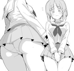 1girl ass blush cameltoe girls_und_panzer greyscale henyaan_(oreizm) highres long_sleeves miniskirt monochrome multiple_views necktie nishizumi_miho ooarai_school_uniform panties pleated_skirt sailor_collar school_uniform shirt short_hair skirt solo sweatdrop underwear upskirt white_background white_shirt