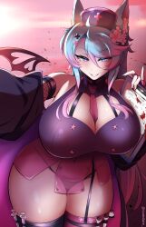 1girl animal_ears bare_shoulders black_panties blood blood_splatter blue_eyes blue_hair blue_nails breasts cleavage_cutout clipboard clothing_cutout covered_navel cross_hair_ornament cumdare fingerless_gloves fishnet_sleeves fishnets flower garter_straps gloves gradient_hair hair_between_eyes hair_flower hair_ornament hat heart highres indie_virtual_youtuber large_breasts long_hair multicolored_hair multicolored_nails necktie nurse_cap panties pink_flower pink_hair pink_nails pink_necktie pink_thighhighs silvervale silvervale_(nurse) single_garter_strap solo syringe thighhighs thighs twitter_username underwear vial virtual_youtuber wings wolf_ears wolf_girl x_hair_ornament