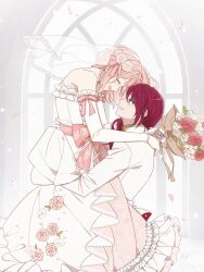 2girls arms_around_neck artist_request bang_dream! bare_shoulders blue_eyes bouquet bridal_veil carrying carrying_person closed_eyes commentary commission dress elbow_gloves english_commentary falling_petals female_focus flower gloves highres holding holding_bouquet indoors jacket looking_at_another multiple_girls open_mouth parted_lips petals pink_flower pink_hair pink_rose red_flower red_hair red_rose rose second-party_source see-through_clothes see-through_veil smile udagawa_tomoe uehara_himari veil wedding wedding_dress white_dress white_gloves white_jacket wife_and_wife yuri