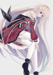 1girl bare_shoulders black_shoes blue_eyes bright_pupils brown_hairband closed_mouth crying crying_with_eyes_open detached_sleeves dress grimms_notes hairband highres iumi_urura long_hair long_sleeves puffy_long_sleeves puffy_sleeves red_dress reina_(grimms_notes) shoes simple_background smile solo tears thighhighs very_long_hair white_background white_pupils white_thighhighs