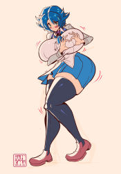 1girl ascot black_thighhighs blue_ascot blue_eyes blue_hair blue_skirt blush breasts brown_footwear choker embarrassed eyebrows eyes_visible_through_hair grey_jacket hardkoba heart heart-shaped_boob_challenge heart_hands highres huge_breasts jacket looking_at_viewer parted_bangs shirt shoes skirt sweat thick_thighs thighhighs thighs white_shirt