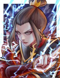 1girl ai_shou artist_name avatar:_the_last_airbender avatar_legends azula border brown_eyes brown_hair commentary crossed_arms electricity eyelashes gold_trim highres looking_at_viewer outside_border parted_lips red_lips short_hair solo topknot twitter_username upper_body v-shaped_eyebrows white_border