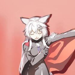 Rule 34 | 1girl, animal ears, arknights, black dress, black gloves, bowing, closed eyes, commentary request, dress, facing viewer, gloves, hair ornament, hairclip, hand on own chest, highres, lappland (arknights), lappland the decadenza (arknights), long hair, long sleeves, open mouth, orange background, outstretched arm, screen9775, shadow, shirt, smile, solo, white shirt, wolf ears, wolf girl