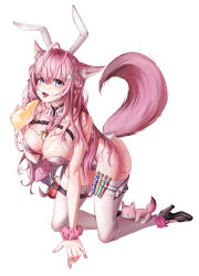 1girl absurdres animal_ears ankle_ribbon antenna_hair aqua_eyes bare_shoulders belt between_breasts black_belt black_choker blush bottle braid braided_bun breasts chest_belt choker cleavage commentary crown_braid double_bun fang fingernails food food_on_body food_on_breasts food_on_face hair_between_eyes hair_bun hair_ornament hair_ribbon hakui_koyori heart heart_choker high_heels highres holding holding_bottle hololive kneeling kokoro_(hakui_koyori) large_breasts leg_ribbon leotard long_hair looking_at_viewer mayonnaise_bottle multicolored_eyes nail_polish necktie necktie_between_breasts open_mouth pink_eyes pink_hair pink_leotard pink_nails pink_necktie pink_ribbon pink_scrunchie pink_tail playboy_bunny pocket_watch purple_eyes que1538 rabbit_ears rabbit_tail ribbon scrunchie shoes simple_background solo tail test_tube thighhighs thighs tongue tongue_out two-tone_eyes virtual_youtuber watch white_background white_thighhighs wolf_ears wolf_girl wolf_tail wrist_scrunchie