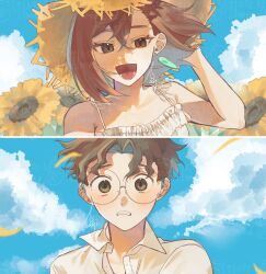 1boy 1girl alternate_costume ayase_momo bare_arms bare_shoulders black_eyes black_hair blue_sky brown_eyes brown_hair cloud cloudy_sky collared_shirt commentary dandadan dress earrings floating_earrings flower glasses hair_between_eyes hand_on_headwear hat highres jewelry looking_at_viewer medium_hair n_nagi3 open_mouth outdoors parted_lips round_eyewear shirt short_hair signature sky smile spaghetti_strap straw_hat sunflower takakura_ken_(dandadan) upper_body white_dress white_shirt