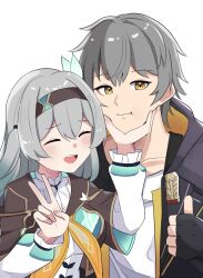 1boy 1girl black_gloves black_hairband black_jacket blush caelus_(honkai:_star_rail) closed_eyes closed_mouth collared_shirt cropped_jacket erushira fingerless_gloves firefly_(honkai:_star_rail) frilled_sleeves frills gloves grey_hair hair_between_eyes hair_intakes hair_ornament hair_tie hairband hand_on_another&#039;s_chin highres honkai:_star_rail honkai_(series) jacket long_sleeves multicolored_hair neckerchief open_clothes open_jacket open_mouth orange_neckerchief shirt teeth thumbs_up trailblazer_(honkai:_star_rail) upper_teeth_only v white_shirt white_sleeves yellow_eyes