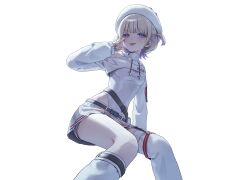 1girl :p akabino bare_shoulders belt beret black_belt blonde_hair breasts closed_mouth commentary_request drawstring feet_out_of_frame fingernails hand_on_own_face hand_up hat highres hololive hololive_dev_is long_sleeves looking_at_viewer miniskirt multicolored_hair purple_eyes purple_hair purple_nails railing shirt short_hair shorts shorts_under_skirt simple_background single_thighhigh sitting sitting_on_stairs skirt small_breasts socks solo stairs thighhighs todoroki_hajime todoroki_hajime_(regloss_uniform) tongue tongue_out transparent_background two_side_up virtual_youtuber white_hat white_shirt white_skirt white_socks white_thighhighs