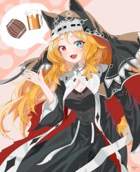 1girl :d absurdres archetto_(arknights) archetto_(glory_of_the_devout)_(arknights) arknights barrel beer_mug black_dress blonde_hair blue_eyes breasts chinese_commentary cleavage cleavage_cutout clothing_cutout commentary_request cup dated dress fang hand_up haru_(ita_musume) headscarf heterochromia highres long_hair looking_at_viewer medium_breasts mug nun official_alternate_costume open_mouth red_eyes skin_fang smile solo waving