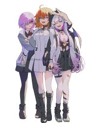 3girls ahoge arm_hug black_jacket body_markings breasts choker closed_eyes demon_girl demon_horns demon_wings dress fate/grand_order fate_(series) fujimaru_ritsuka_(female) fujimaru_ritsuka_(female)_(decisive_battle_chaldea_uniform) full_body glasses gloves grey_hair hair_between_eyes hair_over_one_eye highres holding_hands hood horns jacket koma02634 lilith_(fate) lilith_(first_ascension)_(fate) long_hair long_sleeves mash_kyrielight medium_breasts multiple_girls necktie open_mouth orange_hair pantyhose purple_eyes purple_hair shirt shoes short_hair simple_background small_breasts smile standing sweatdrop twintails white_background white_dress wings yuri