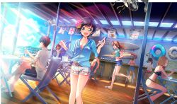 :d akino_komugi arihara_tsubasa beach_house bikini bikini_under_clothes black_hair blue_hoodie blue_shorts bow brown_hair cinderella_series dutch_angle electric_fan flower game_cg green_eyes hachigatsu_no_cinderella_nine hair_bow hair_flower hair_ornament highres hood hood_down hoodie kawakita_tomoe light_rays long_sleeves looking_at_viewer multiple_girls non-web_source official_art open_mouth pink_flower running sandals shirt short_hair shorts sitting smile standing sunbeam sunlight surfboard swim_ring swimsuit tied_shirt white_shorts wooden_floor yellow_bow
