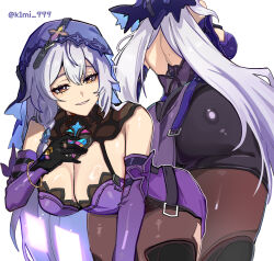 Rule 34 | 1girl, ass, black gloves, black swan (honkai: star rail), dress, gloves, grey hair, highres, honkai: star rail, honkai (series), k1ml 999, pantyhose, purple dress, purple sleeves, purple veil, simple background, solo, twitter username, veil, white background, yellow eyes