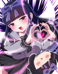 Rule 34 | 1girl, :3, absurdres, alternate costume, black hair, black skirt, blunt bangs, blush, bow, breasts, brown eyes, commentary request, cookie (touhou), cowboy shot, earrings, emumiya niyamu, fairy wings, four-finger heart hands, grey sailor collar, grey shirt, hair bow, heart, heart hands, highres, hime cut, jewelry, large breasts, long hair, long sleeves, looking at viewer, moe moe kyun!, open mouth, pleated skirt, purple bow, sailor collar, shirt, shunga youkyu, skirt, smile, solo, star (symbol), star earrings, star sapphire, touhou, white wings, wings, yukkuri shiteitte ne