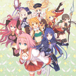 1boy 6+girls album_cover animal_hands armor armpits arms_up ascot ayumi_(princess_connect!) bare_shoulders bell belt black_gloves black_hair black_hat black_horns blonde_hair blue_eyes blue_hair blunt_bangs blush breasts brown_gloves brown_hair chain choker cleavage closed_mouth collared_shirt commentary_request copyright_name cover cropped_jacket drooling fingerless_gloves fur_collar gloves gold_chain gold_choker gold_hairband green_eyes green_jacket hair_ornament hairband hairclip hand_mirror hand_up hands_up hat heart heart_choker highres hiyori_(princess_connect!) holding holding_staff horns jacket japanese_clothes jingle_bell juliet_sleeves kimono kuka_(princess_connect!) large_breasts long_hair long_sleeves looking_at_viewer medium_breasts midriff mirror monika_weisswind mouth_drool multiple_girls navel neck_bell ninon_(princess_connect!) official_art open_clothes open_jacket open_mouth orange_hair outstretched_arm parted_lips paw_gloves pink_eyes pink_hair pointy_ears princess_connect! puffy_sleeves purple_eyes red_ascot red_hair red_kimono rei_(princess_connect!) shirt short_hair shoulder_armor smile staff trap twintails white_shirt wide_sleeves wing_collar yellow_eyes yui_(princess_connect!) yuki_(princess_connect!)