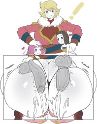 ! 1girl 2futa age_difference ass baten_kaitos blonde_hair breasts brown_hair clothed_sex cum erection futa_with_female futanari hand_on_another&#039;s_head huge_ass huge_penis huge_testicles large_penis looking_at_viewer multiple_futa nude panties penis pink_hair simple_background size_difference string_panties testicles thanuki veins veiny_penis white_background xelha_(baten_kaitos)