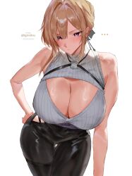 1girl absurdres bare_shoulders black_pants blonde_hair blush breasts chest_harness cleavage cleavage_cutout closed_mouth clothing_cutout evelyn_chevalier hair_up hand_on_own_hip harness highres huge_breasts igiroitsu latex_pants looking_at_viewer meme_attire open-chest_sweater pants purple_eyes shirt short_hair sleeveless sleeveless_sweater solo sweater tight_clothes tight_pants uneven_bangs white_shirt zenless_zone_zero