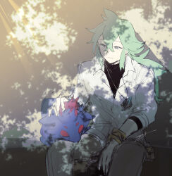1boy absurdres closed_eyes gen_5_pokemon green_eyes grey_eyes highres looking_at_another male_focus mayano_hase n_(pokemon) nintendo petting pokemon pokemon_(creature) pokemon_bw signature sitting sketch tree_shade zorua