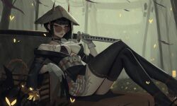 1girl arm_tattoo black_bra black_choker black_hair black_kimono black_thighhighs blurry blurry_background bra breasts butterfly_tattoo chest_tattoo choker cleavage commentary crossed_legs earrings fireflies full_body gloves hat highres holding holding_sword holding_weapon horns japanese_clothes jewelry katana kimono knees_up leg_tattoo looking_at_viewer looking_over_eyewear medium_breasts medium_hair neo_(neorarty3) o-ring o-ring_top obi okobo open_clothes open_kimono original outdoors platform_sandals rain red_lips sandals sash saya_(scabbard) short_kimono sitting solo stomach_tattoo straw_hat sunglasses sword tattoo text_tattoo thighhighs underwear weapon white_gloves