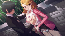 Rule 34 | 1boy, 1girl, absurdres, black hair, black skirt, blsh (blshwrks), bow, bow bra, bow panties, bra, bra lift, breasts, breasts out, brown eyes, brown hair, cleavage, clenched teeth, clothes lift, commentary, cum, cum on clothes, ejaculation, english commentary, gekkoukan high school uniform, grabbing another&#039;s breast, groping, highres, large breasts, long sleeves, nipples, open clothes, open shirt, outdoors, panties, parted lips, penis, persona, persona 3, pink sweater, school uniform, short hair, sideboob, skirt, skirt lift, sweater, takeba yukari, teeth, uncensored, underwear, white bra, white panties, yuuki makoto (persona 3)