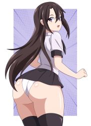 1girl abysswatchers ass black_eyes black_hair black_skirt black_thighhighs blue_background clothes_lift from_behind genderswap genderswap_(mtf) grey_skirt kirito kirito_(sao-ggo) long_hair looking_at_viewer looking_back open_mouth panties polka_dot polka_dot_background short_sleeves skirt skirt_lift smile standing sword_art_online thighhighs underwear white_panties