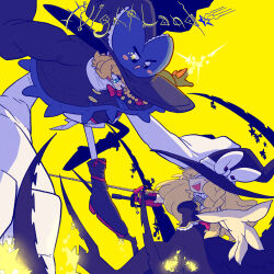 Rule 34 | 2girls, absurdres, alternate costume, black boots, black hat, black jacket, black skirt, blonde hair, blue eyes, blush stickers, boots, bow, braid, chainsaw, commentary request, cookie (touhou), full body, hair bow, hat, hat bow, highres, holding, holding chainsaw, jacket, kirisame marisa, living clothes, long hair, looking at another, meguru (cookie), muimui (4242564muimui), multiple girls, one eye closed, open mouth, red eyes, side braid, single braid, skirt, skirt set, smile, suzu (cookie), thighhighs, touhou, white bow, white thighhighs, witch hat, yellow background, yuuhi (cookie)