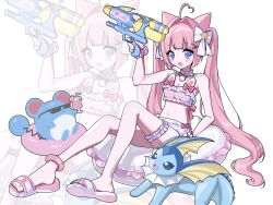 1girl 25g_lie :d ahoge animal_ears anklet bare_legs bare_shoulders belly bikini blue_eyes blunt_bangs bow cat_ears checkered_bikini checkered_clothes choker fang flip-flops frilled_bikini frilled_choker frilled_thigh_strap frills full_body gen_1_pokemon gen_2_pokemon hair_bow hair_ornament heart heart_ahoge highres holding holding_water_gun innertube jewelry long_hair marill navel nintendo no_pupils open_mouth original pink_anklet pink_bikini pink_bow pink_hair pokemon pokemon_(creature) sandals simple_background sitting smile sunglasses swim_ring swimsuit thigh_strap twintails vaporeon very_long_hair water_gun white_bow x_hair_ornament zoom_layer