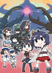 ahoge akitsu_maru_(kancolle) bamboo_shoot beetle black_gloves black_hair black_shirt black_skirt blue_eyes braid brown_hair bug character_request daitou_(kancolle) detached_sleeves dress fingerless_gloves gloves hair_flaps hair_over_shoulder hiburi_(kancolle) highres insect kantai_collection kumano_maru_(kancolle) long_hair military_uniform necktie pleated_skirt red_necktie red_skirt sado_(kancolle) sailor_dress seiran_(mousouchiku) shigure_(kancolle) shigure_kai_san_(kancolle) shinshuu_maru_(kancolle) shirt short_hair single_braid skirt sleeveless sleeveless_shirt two-tone_shirt yamashio_maru_(kancolle) yamashiro_(kancolle)