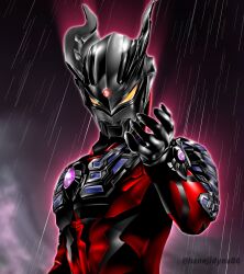 Rule 34 | 1boy, alien, armor, black skin, black sky, bracelet, breastplate, cloud, color timer, colored skin, commentary, cupping hand, dark clouds, dark persona, eye slugger, forehead jewel, gem, glowing, glowing eyes, gradient eyes, hand up, hanejidyna86, highres, jewelry, looking down, male focus, multicolored eyes, multicolored skin, muscular, muscular male, no pupils, open hand, orange eyes, outdoors, pectorals, rain, red gemstone, red skin, shoulder armor, sky, solo, tokusatsu, twitter username, two-tone skin, ultra bracelet (ultraman zero), ultra galaxy (series), ultra galaxy fight: new generation heroes, ultra series, ultraman zero, ultraman zero darkness, upper body, wrinkled skin, yellow eyes