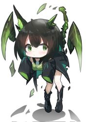 1girl aqua_hair arknights bent_over black_boots black_hair black_jacket blush_stickers boots breasts chibi chibi_only closed_mouth colored_inner_hair corrupted_twitter_file full_body green_eyes highres hoshikawayoyami jacket knee_boots mon3tr_(arknights) multicolored_hair short_hair simple_background sleeves_past_fingers sleeves_past_wrists solo standing white_background
