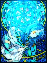 alternate_color blue_hair blue_skin colored_skin dress from_side gardevoir gen_3_pokemon highres multicolored_skin nintendo noive_n71 orange_eyes pokemon pokemon_(creature) shiny_pokemon signature stained_glass two-tone_skin white_dress white_skin