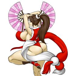 1girl ass breasts brown_eyes brown_hair fatal_fury from_behind highres huge_ass huge_breasts long_hair looking_back shiranui_mai the_king_of_fighters thick_thighs thighs thong
