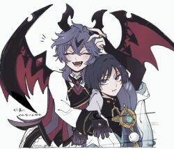 2boys aqua_gemstone arm_up armor arms_on_another&#039;s_shoulder black_bodysuit black_bow black_bowtie black_bridal_gauntlets black_gloves black_hair black_horns blue_kimono blue_sleeves blunt_ends bodysuit bow bowtie bridal_gauntlets closed_eyes coattails collar crossed_bangs dragon_horns dragon_wings durin_(genshin_impact) eyeliner eyeshadow facial_mark facing_viewer fangs feathers fingernails forehead_mark frilled_shorts frills furisode gem genshin_impact gloves gold gold_ring hair_between_eyes highres horns humanization japanese_armor japanese_clothes juban kimono kote kurokote layered_sleeves light_blush long_sleeves looking_at_another looking_up makeup mandarin_collar middle_ring mini_durin_(genshin_impact) multiple_boys open_clothes open_kimono open_mouth pom_pom_(clothes) purple_eyes purple_hair purple_vest red_eyeliner red_eyeshadow red_gemstone red_vest red_wings scaramouche_(genshin_impact) short_sleeves shorts smile snc_tozai spoilers striped_clothes striped_vest tongue twitter_username vest wanderer_(genshin_impact) watermark white_background white_collar white_kimono white_sleeves wings wispy_bangs yellow_feathers