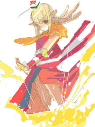 1girl 2000s_(style) animal animal_around_neck bad_id blonde_hair brown_eyes closed_mouth cowboy_shot detached_sleeves dress expressionless flower flower_on_head fox itou_izumo long_hair looking_at_viewer lowres magic pointy_ears professor_(ragnarok_online) ragnarok_online red_dress red_flower red_sleeves simple_background sketch sleeveless sleeveless_dress solo striped_sleeves white_background white_sleeves yellow_sleeves