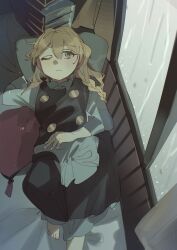 1girl absurdres apron barefoot bed_sheet black_skirt black_vest blonde_hair book book_stack braid closed_mouth expressionless hair_between_eyes head_on_pillow highres kirisame_marisa long_hair long_sleeves lying on_back one_eye_closed pillow rain shi_chimi shirt skirt solo touhou vest white_shirt window