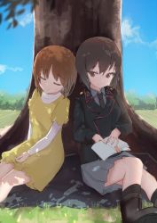 2girls =_= absurdres black_footwear black_jacket black_necktie book boots brown_eyes dress dress_shirt epaulettes feet_out_of_frame girls_und_panzer grey_legwear grey_shirt grey_skirt highres jacket kneehighs long_sleeves looking_at_another multiple_girls necktie niedersachsen_military_uniform nishizumi_maho nishizumi_miho pleated_skirt shirt short_sleeves sitting skirt sleeping smile socks sounata_(sounanmaru) tree wing_collar yellow_dress zipper