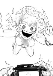 1boy 1girl absurdres amano44 bikini boku_no_hero_academia breasts camera gloves greyscale hagakure_toru highres holding holding_camera large_breasts long_hair looking_at_viewer midair midoriya_izuku monochrome open_mouth pov sweat swimsuit taking_picture teeth unusually_visible