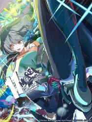 1boy 1girl :d black_bodysuit black_hair black_pants bodysuit brown_eyes brown_hair car chest_sarashi chiyome_(persona) copyright_name copyright_notice countdown eyes_visible_through_hair giant giant_monster hair_ornament hairclip highres holding_hands hydra japanese_clothes long_hair long_sleeves monster motor_vehicle obi official_art open_mouth pants persona persona_5 persona_5:_the_phantom_x poligon_(046) promotional_art sarashi sash short_hair smile tanemura_riko upside-down wonder_(p5x)