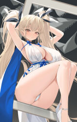 1girl absurdres akipopopopoon armpits arms_behind_head arms_up azur_lane bare_shoulders black_background blonde_hair blue_ribbon blush bow breasts cleavage commentary dress dress_bow formidable_(anniversary_memories)_(azur_lane) formidable_(azur_lane) hair_between_eyes hair_ribbon high_heels highres large_breasts leg_up long_hair looking_at_viewer official_alternate_costume paid_reward_available panties picture_frame red_eyes ribbon shoes sitting solo twintails two-sided_dress two-sided_fabric underwear very_long_hair white_dress white_panties white_shoes