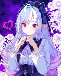 1girl blush bow buttons closed_mouth dress finn_flint floral_background flower frills hair_bow heart highres long_hair long_sleeves looking_at_viewer pointy_ears purple_hair red_eyes rose shirt solo sparkle upper_body vivian_(zenless_zone_zero) white_flower white_rose white_shirt zenless_zone_zero