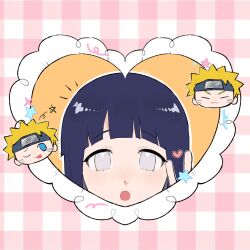 1boy 1girl :o ;p black_hair blonde_hair blue_eyes closed_eyes closed_mouth facial_mark forehead_protector hashtag-only_commentary heart highres hyuuga_hinata konohagakure_symbol naruto_(series) ns195122 one_eye_closed open_mouth star_(symbol) tongue tongue_out uzumaki_naruto whisker_markings white_eyes