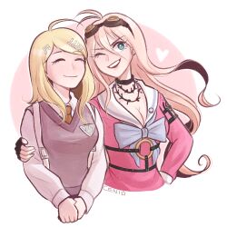 2girls ahoge akamatsu_kaede antenna_hair artist_name barbed_wire black_choker black_gloves blonde_hair blue_bow blue_eyes bow breasts ceni choker cleavage closed_eyes closed_mouth collared_shirt commentary cropped_torso danganronpa_(series) danganronpa_v3:_killing_harmony eyelashes fortissimo gloves goggles goggles_on_head hair_ornament hand_on_another&#039;s_arm heart iruma_miu long_hair long_sleeves lowres multiple_girls musical_note musical_note_hair_ornament one_eye_closed own_hands_together pink_shirt purple_sweater_vest sailor_collar shirt simple_background smile star_(symbol) sweater_vest teeth white_sailor_collar white_shirt yuri