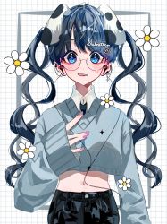 1girl ahaha_tea animal_ears black_hair blue_eyes blush collared_shirt cropped_sweater dalmatian dog_ears dog_girl ear_chain earrings flower glasses hand_on_own_chest highres jewelry linked_piercing long_hair long_sleeves midriff multiple_earrings nail_polish navel necktie open_mouth original personification round_eyewear shirt sleeves_past_wrists smile solo twintails very_long_hair wavy_hair