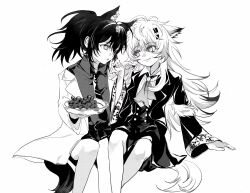 2girls animal_ears arknights ascot chinese_commentary closed_mouth coat collared_shirt commentary_request food fruit grapes greyscale hair_ornament hairclip highres invisible_chair jacket lapels lappland_(arknights) long_hair long_sleeves monochrome multiple_girls necktie notched_lapels open_clothes open_coat open_jacket open_mouth ponytail shirt simple_background sitting skirt smile tail texas_(arknights) tuitangguxuanshou white_background wide_sleeves wolf_ears wolf_girl wolf_tail