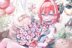 1girl :d ange_katrina baby&#039;s-breath balloon beret blue_eyes blue_hat blush bouquet character_doll commentary_request crossed_bangs crown_hat_ornament doll feet_out_of_frame flower flower_request hair_between_eyes hair_intakes hair_ornament happy_birthday hat highres holding holding_bouquet idol_clothes indoors jacket lapels looking_at_viewer mandragora_(ange_katrina) medium_hair multicolored_hair muntins neck_ribbon nijisanji open_mouth pink_flower plant red_hair red_ribbon ribbon sanbaka_anniversary_outfit shiroromi short_sleeves signature sitting smile solo streaked_hair stuffed_toy teeth translation_request triangle_hair_ornament twitter_username two-tone_hair upper_teeth_only virtual_youtuber white_flower white_hair white_jacket window