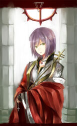 Rule 34 | 1boy, arch bishop (ragnarok online), black gloves, cape, closed mouth, commentary request, cropped jacket, cross, cross necklace, cross of prontera, expressionless, fingerless gloves, gloves, green eyes, grey background, holding, holding cross, holding jewelry, holding necklace, jacket, jewelry, long sleeves, looking at viewer, male focus, necklace, orthodox cross, purple hair, ragnarok online, red cape, solo, tarot, the hierophant (tarot), upper body, wane (ruki), white jacket