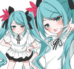 1girl absurdres blue_eyes blue_hair crumbs hair_ornament hair_ribbon hatsune_miku hatsune_miku_(supreme) highres long_hair looking_at_viewer open_mouth pout ribbon simple_background skirt twintails vocaloid white_background world_is_mine_(vocaloid) yukia_1128